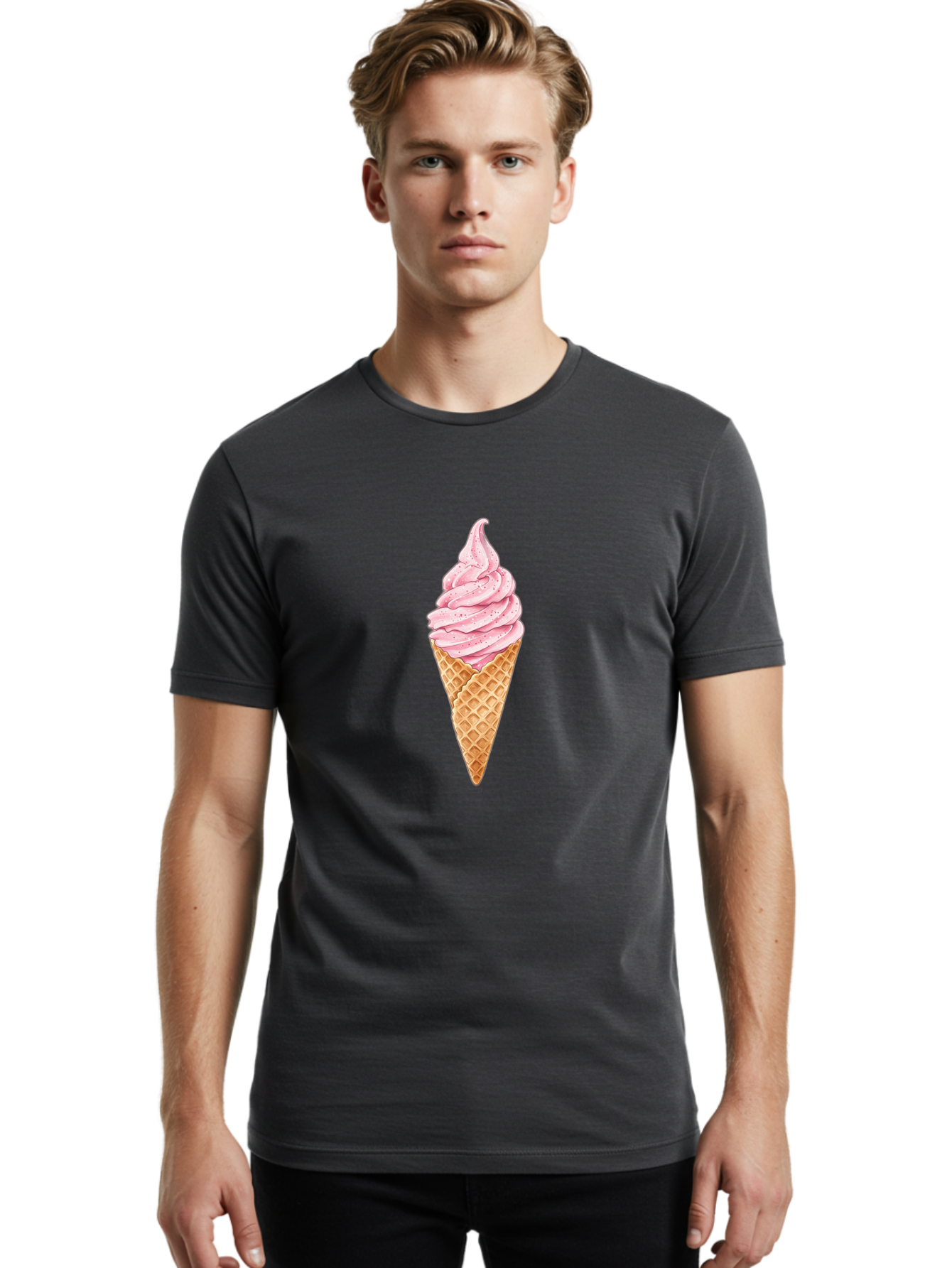 Strawberry-Soft-Serve-Cone Men'S Graphic Tee, 100% Cotton, Comfortable Casual Summer Wear, Machine Washable, Strawberry Soft-Serve Ice Cream, Waffle Cone, Sweet Treat, Dessert, Pink Ice Cream, Summer Snack, Frozen Yogurt, Cone, Ice Cream Cone Bab474
