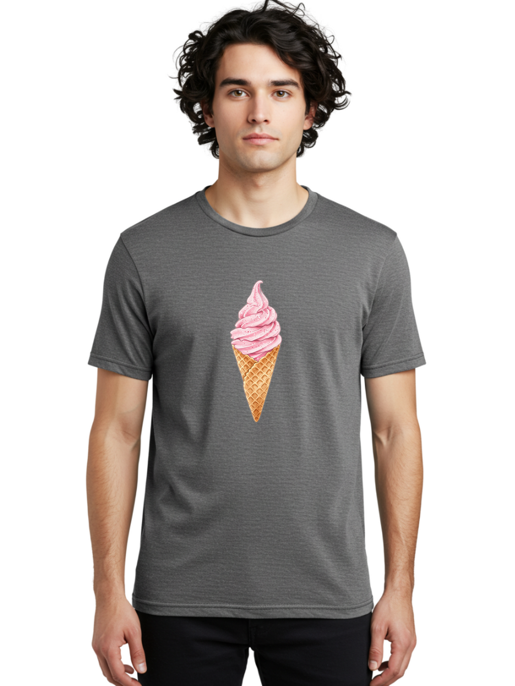 Strawberry-Soft-Serve-Cone Men'S Graphic Tee, 100% Cotton, Comfortable Casual Summer Wear, Machine Washable, Strawberry Soft-Serve Ice Cream, Waffle Cone, Sweet Treat, Dessert, Pink Ice Cream, Summer Snack, Frozen Yogurt, Cone, Ice Cream Cone Bab474