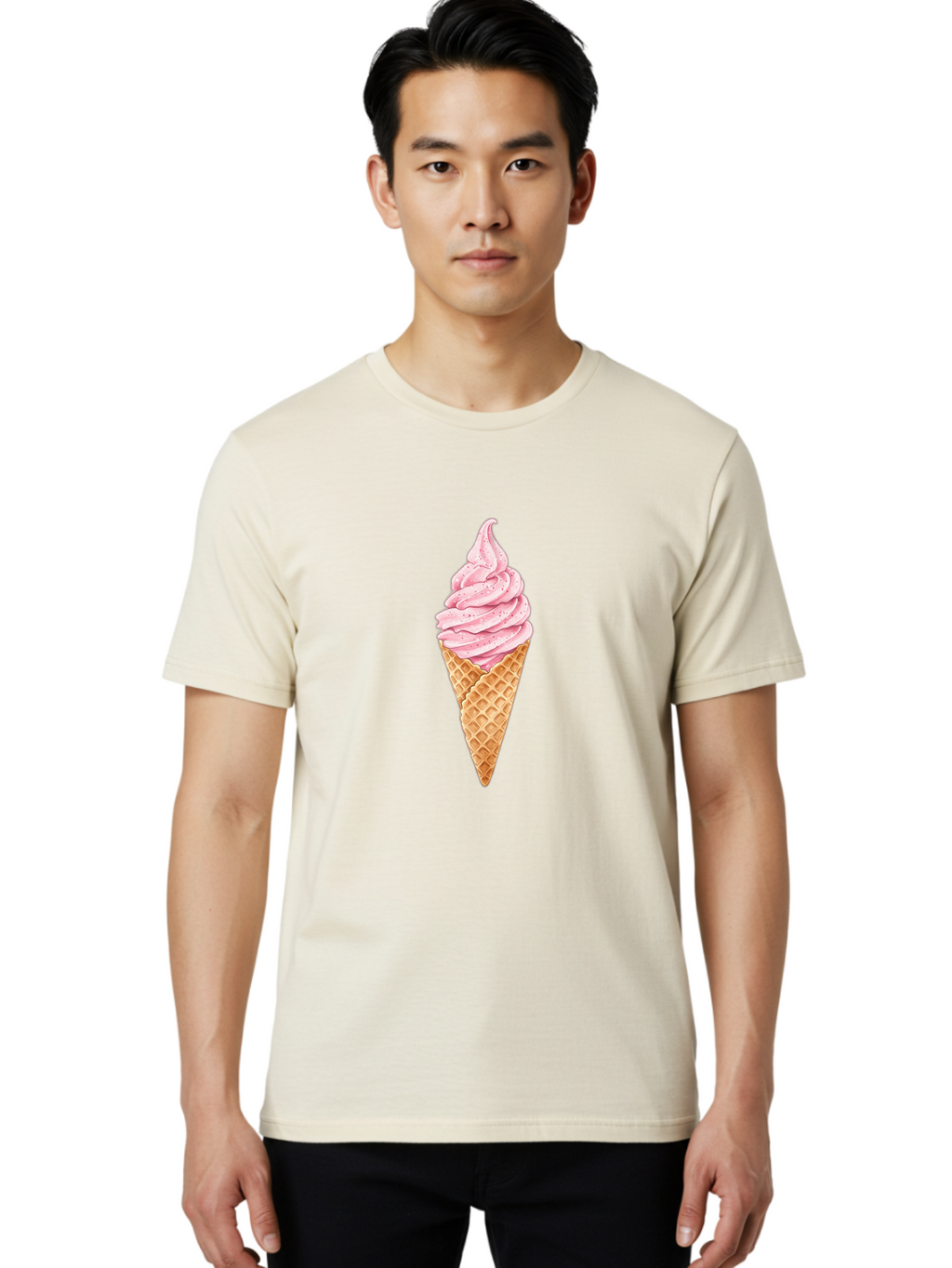 Strawberry-Soft-Serve-Cone Men'S Graphic Tee, 100% Cotton, Comfortable Casual Summer Wear, Machine Washable, Strawberry Soft-Serve Ice Cream, Waffle Cone, Sweet Treat, Dessert, Pink Ice Cream, Summer Snack, Frozen Yogurt, Cone, Ice Cream Cone Bab474