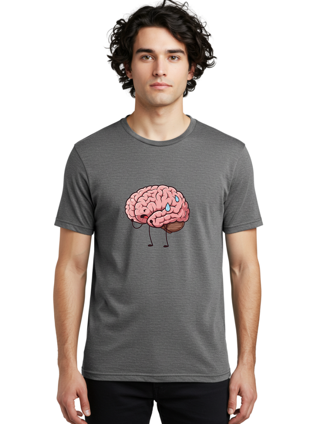Stressed-Brain Men'S Graphic Tee, 100% Cotton, Comfortable Casual Summer Wear, Machine Washable, Stressed Brain, Worried Expression, Cartoon Brain, Mental Exhaustion, Brain Drain, Tiredness, Frustrated Face, Anthropomorphic Brain Bab475