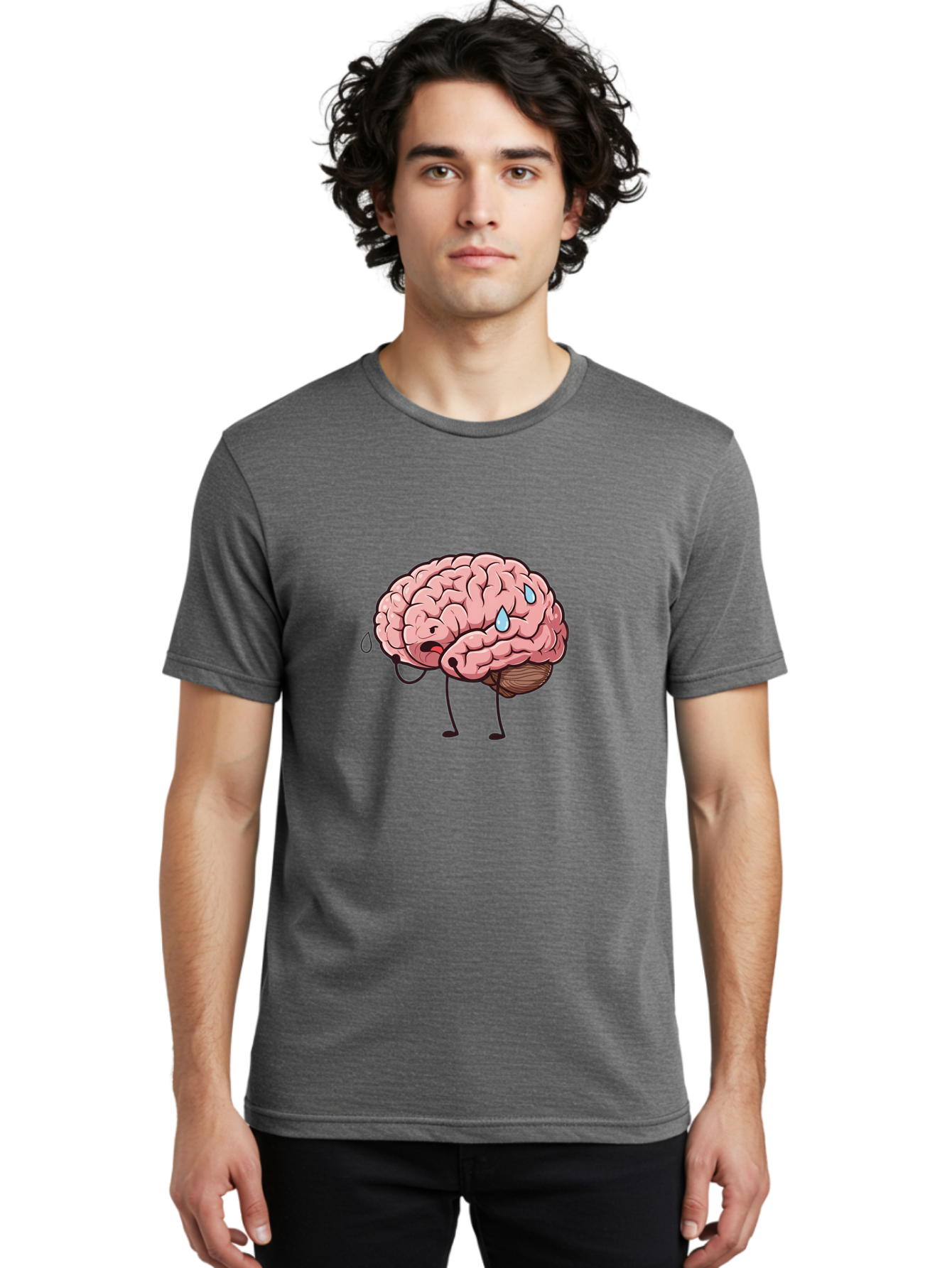 Stressed-Brain Men'S Graphic Tee, 100% Cotton, Comfortable Casual Summer Wear, Machine Washable, Stressed Brain, Worried Expression, Cartoon Brain, Mental Exhaustion, Brain Drain, Tiredness, Frustrated Face, Anthropomorphic Brain Bab475
