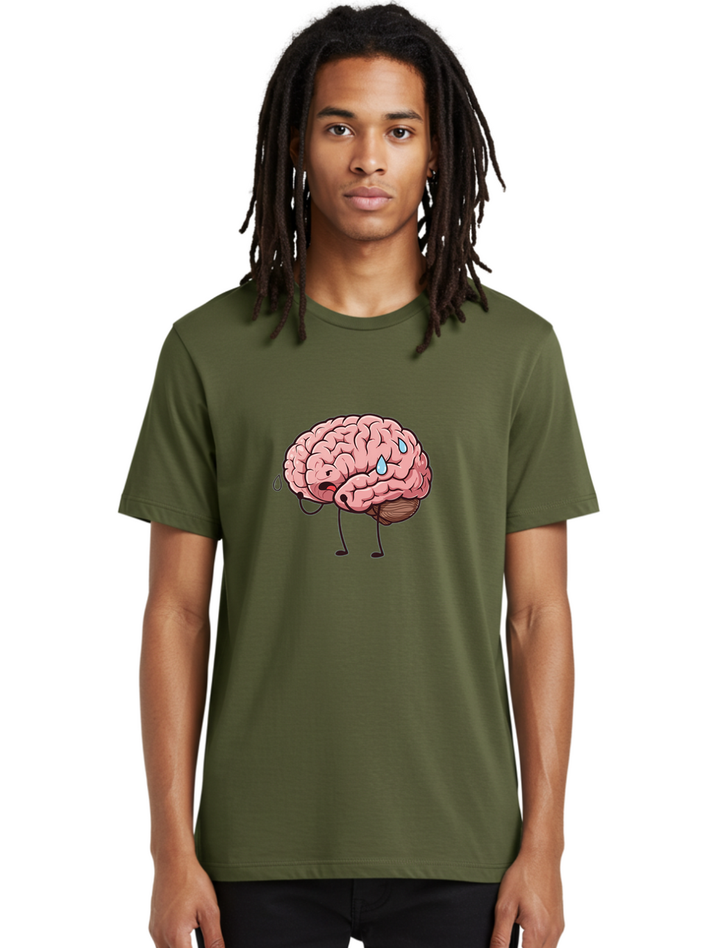 Stressed-Brain Men'S Graphic Tee, 100% Cotton, Comfortable Casual Summer Wear, Machine Washable, Stressed Brain, Worried Expression, Cartoon Brain, Mental Exhaustion, Brain Drain, Tiredness, Frustrated Face, Anthropomorphic Brain Bab475