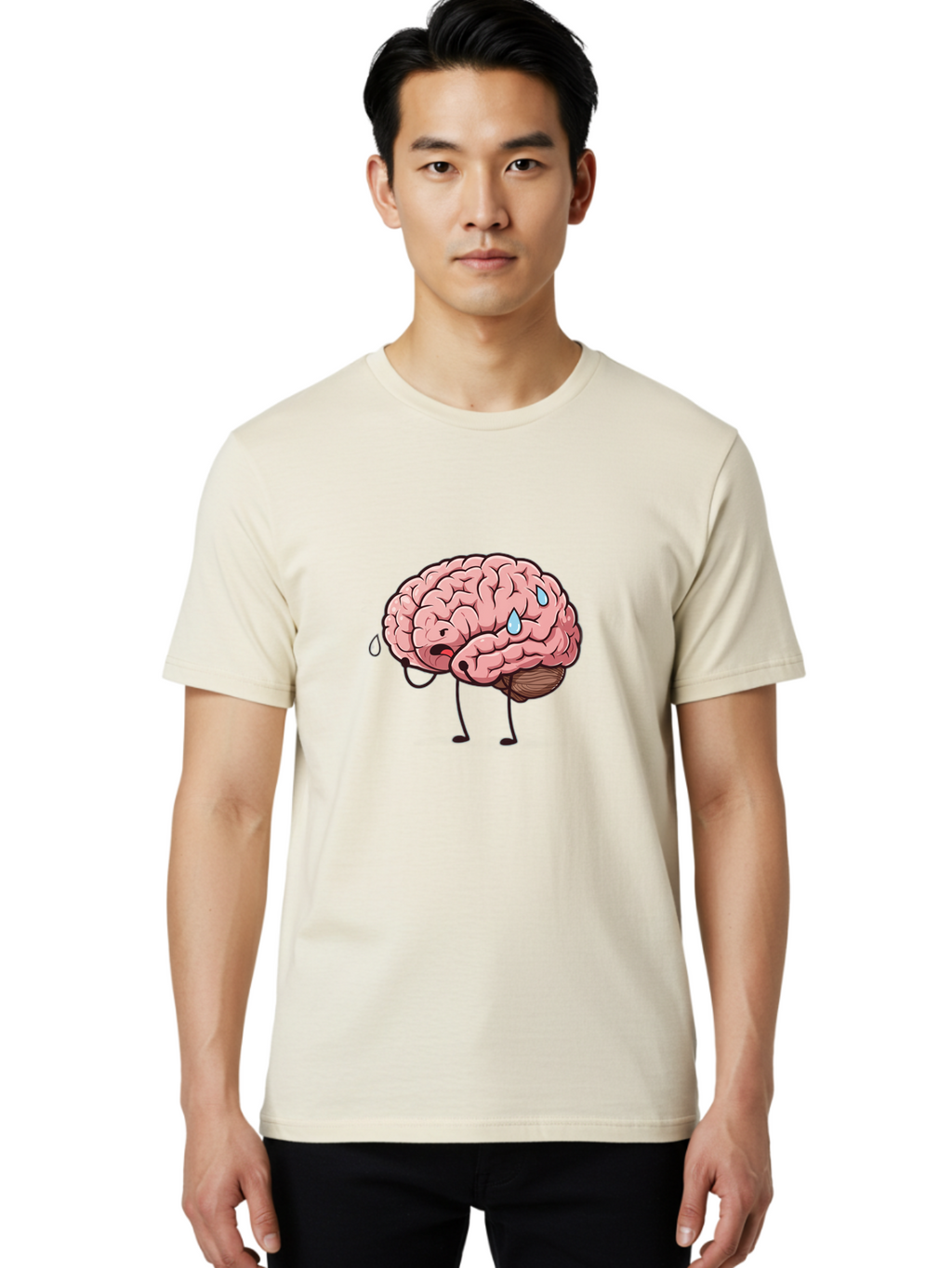 Stressed-Brain Men'S Graphic Tee, 100% Cotton, Comfortable Casual Summer Wear, Machine Washable, Stressed Brain, Worried Expression, Cartoon Brain, Mental Exhaustion, Brain Drain, Tiredness, Frustrated Face, Anthropomorphic Brain Bab475