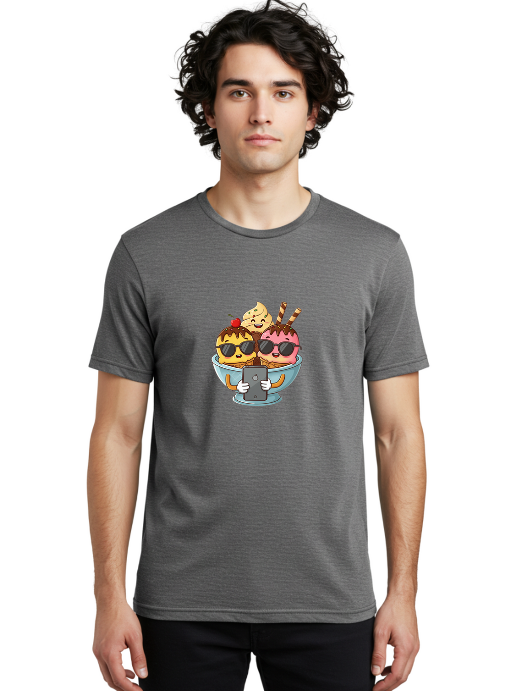 Sundae-Friends Men'S Graphic Tee, 100% Cotton, Comfortable Casual Summer Wear, Machine Washable, Sundaes With Sunglasses, Smartphone Selfie, Chocolate Sauce, Cherry On Top, Cartoon Illustrations Bab477
