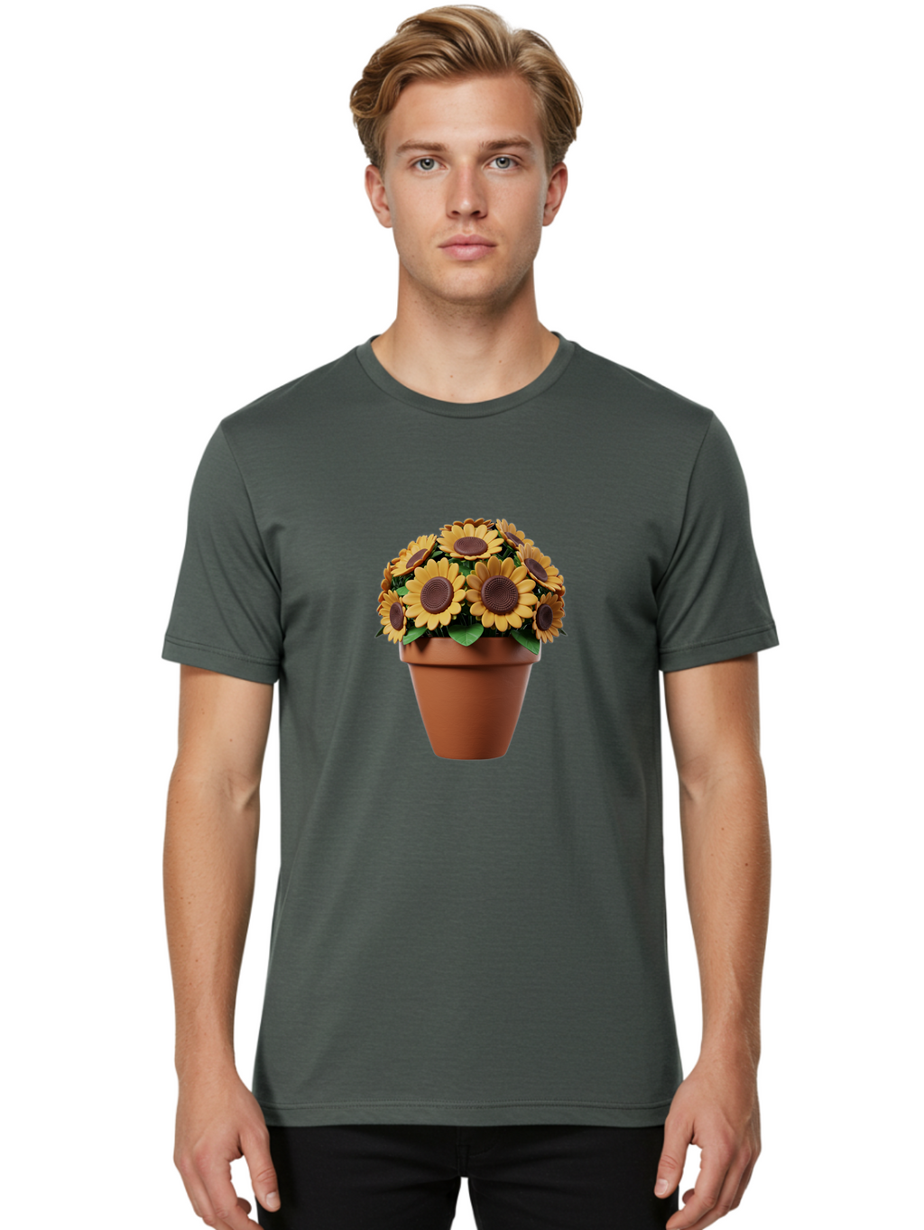 Sunflowers-In-Terracotta-Pot Men'S Graphic Tee, 100% Cotton, Comfortable Casual Summer Wear, Machine Washable, Sunflowers In Terracotta Pot, Yellow Flowers, Floral Arrangement, Potted Plants, Garden Decor, Home Decor, Artificial Flowers, Bab479