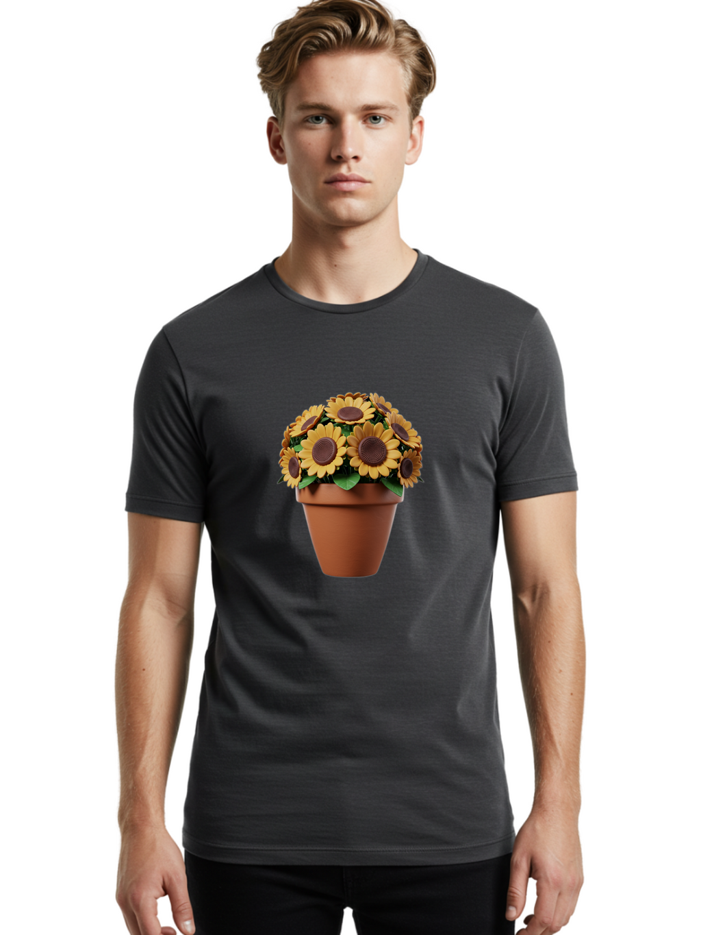 Sunflowers-In-Terracotta-Pot Men'S Graphic Tee, 100% Cotton, Comfortable Casual Summer Wear, Machine Washable, Sunflowers In Terracotta Pot, Yellow Flowers, Floral Arrangement, Potted Plants, Garden Decor, Home Decor, Artificial Flowers, Bab479