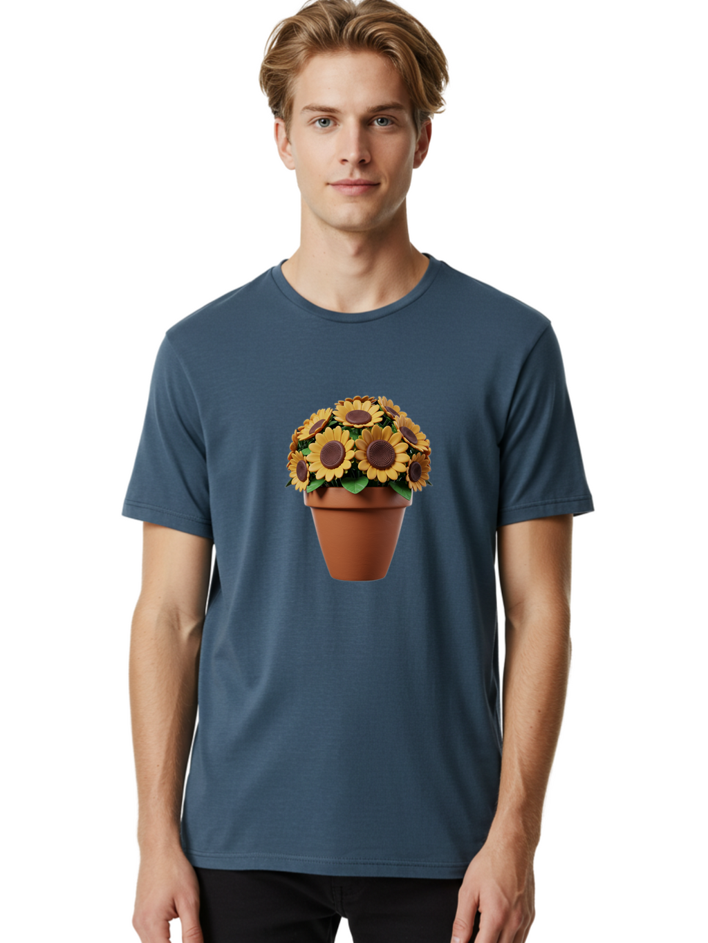 Sunflowers-In-Terracotta-Pot Men'S Graphic Tee, 100% Cotton, Comfortable Casual Summer Wear, Machine Washable, Sunflowers In Terracotta Pot, Yellow Flowers, Floral Arrangement, Potted Plants, Garden Decor, Home Decor, Artificial Flowers, Bab479
