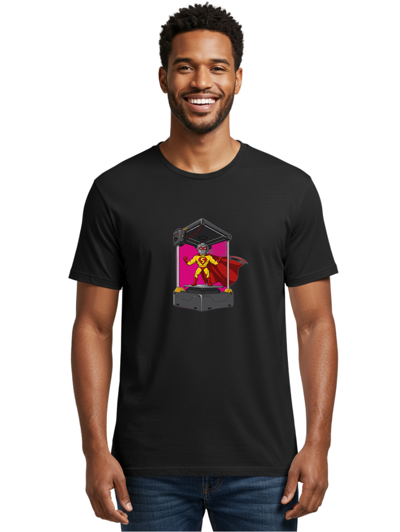 Super-S Men'S Graphic Tee, 100% Cotton, Comfortable Casual Summer Wear, Machine Washable, Superhero Emerging From 3D Printer, Futuristic Technology, Cartoon Character, Yellow And Red Costume, Red Cape, Superhero Emblem, Innovative Printing Bab481