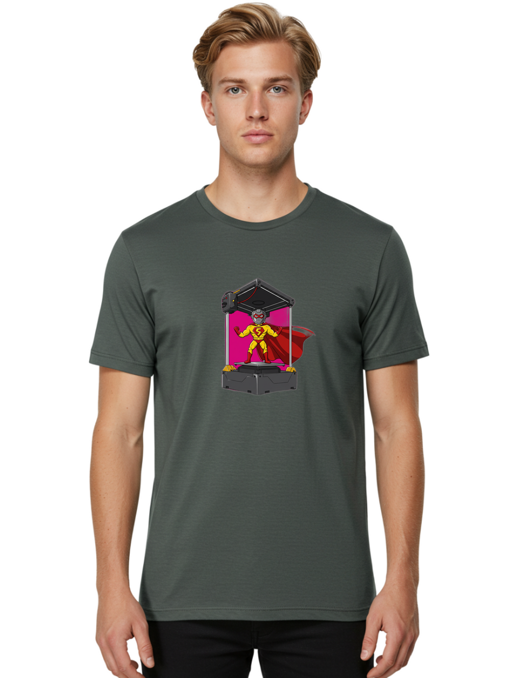 Super-S Men'S Graphic Tee, 100% Cotton, Comfortable Casual Summer Wear, Machine Washable, Superhero Emerging From 3D Printer, Futuristic Technology, Cartoon Character, Yellow And Red Costume, Red Cape, Superhero Emblem, Innovative Printing Bab481