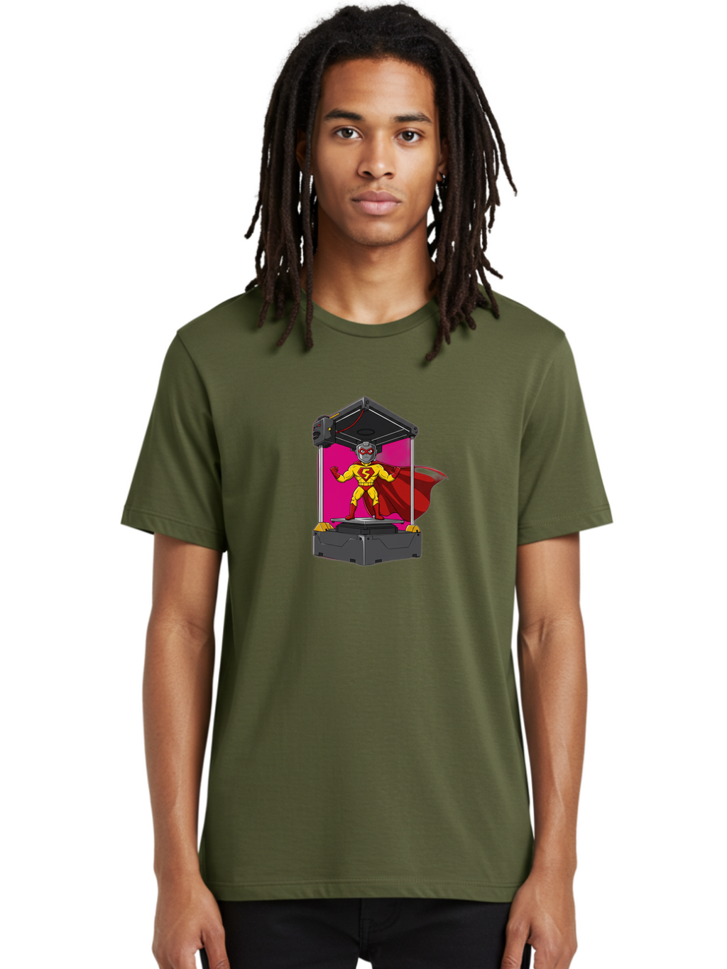 Super-S Men'S Graphic Tee, 100% Cotton, Comfortable Casual Summer Wear, Machine Washable, Superhero Emerging From 3D Printer, Futuristic Technology, Cartoon Character, Yellow And Red Costume, Red Cape, Superhero Emblem, Innovative Printing Bab481