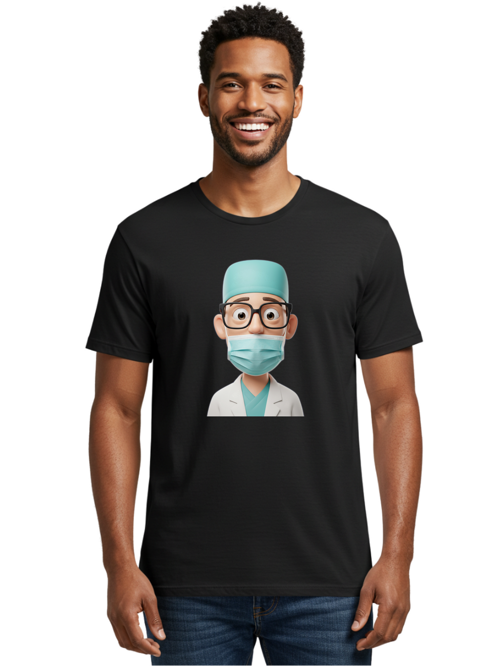 Surgeon Men'S Graphic Tee, 100% Cotton, Comfortable Casual Summer Wear, Machine Washable, Cartoon Surgeon, Medical Professional, Surgical Attire, Protective Gear, Face Mask, Glasses, Shocked Expression, White Lab Coat, Blue Scrubs Bab482