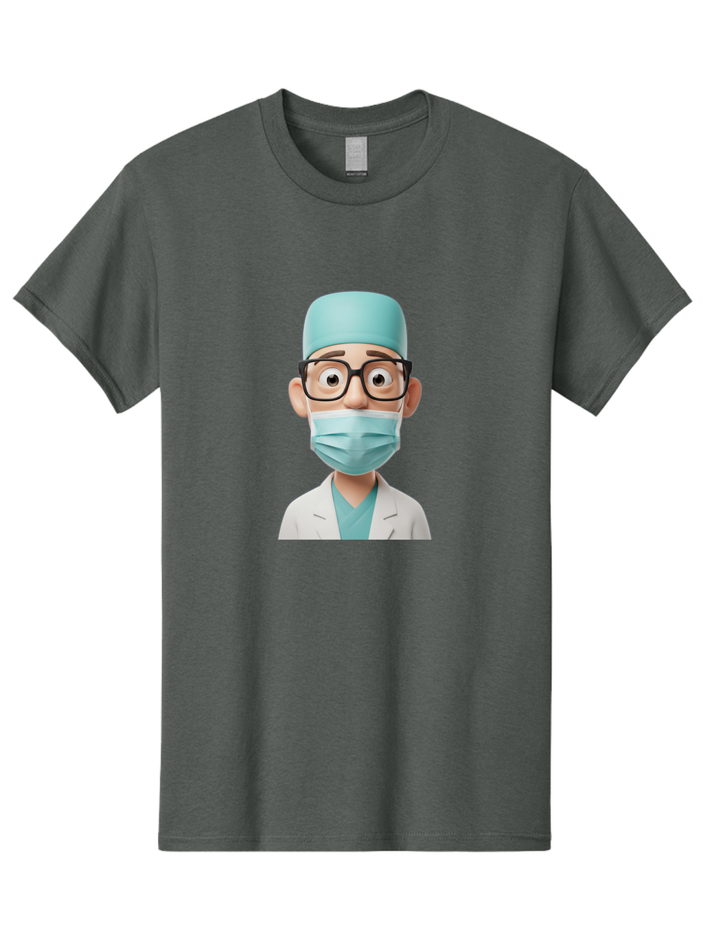 Surgeon Men'S Graphic Tee, 100% Cotton, Comfortable Casual Summer Wear, Machine Washable, Cartoon Surgeon, Medical Professional, Surgical Attire, Protective Gear, Face Mask, Glasses, Shocked Expression, White Lab Coat, Blue Scrubs Bab482