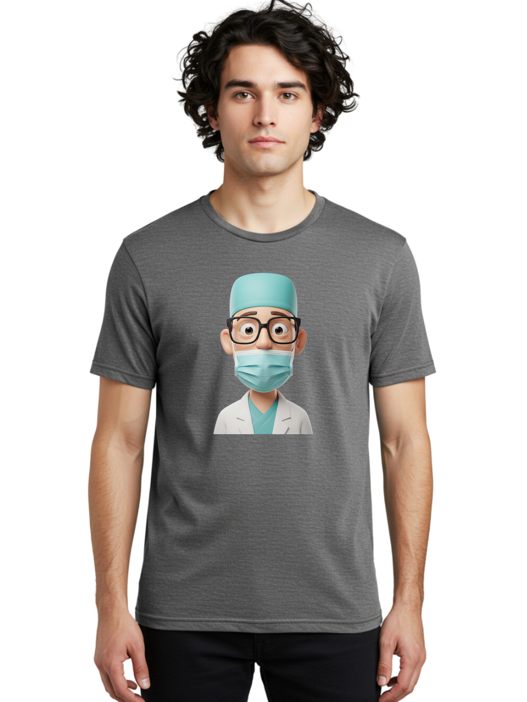 Surgeon Men'S Graphic Tee, 100% Cotton, Comfortable Casual Summer Wear, Machine Washable, Cartoon Surgeon, Medical Professional, Surgical Attire, Protective Gear, Face Mask, Glasses, Shocked Expression, White Lab Coat, Blue Scrubs Bab482