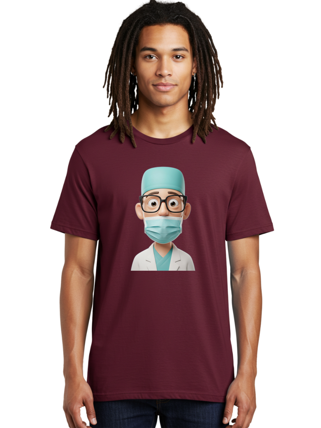 Surgeon Men'S Graphic Tee, 100% Cotton, Comfortable Casual Summer Wear, Machine Washable, Cartoon Surgeon, Medical Professional, Surgical Attire, Protective Gear, Face Mask, Glasses, Shocked Expression, White Lab Coat, Blue Scrubs Bab482