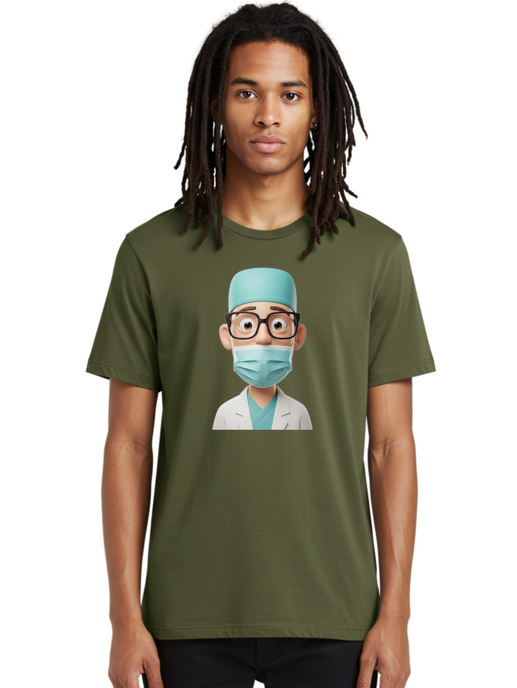 Surgeon Men'S Graphic Tee, 100% Cotton, Comfortable Casual Summer Wear, Machine Washable, Cartoon Surgeon, Medical Professional, Surgical Attire, Protective Gear, Face Mask, Glasses, Shocked Expression, White Lab Coat, Blue Scrubs Bab482