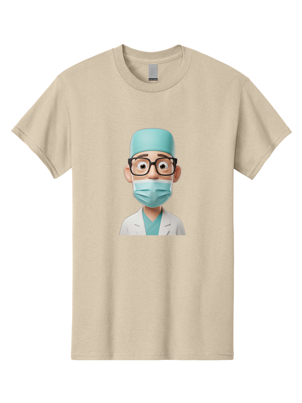 Surgeon Men'S Graphic Tee, 100% Cotton, Comfortable Casual Summer Wear, Machine Washable, Cartoon Surgeon, Medical Professional, Surgical Attire, Protective Gear, Face Mask, Glasses, Shocked Expression, White Lab Coat, Blue Scrubs Bab482