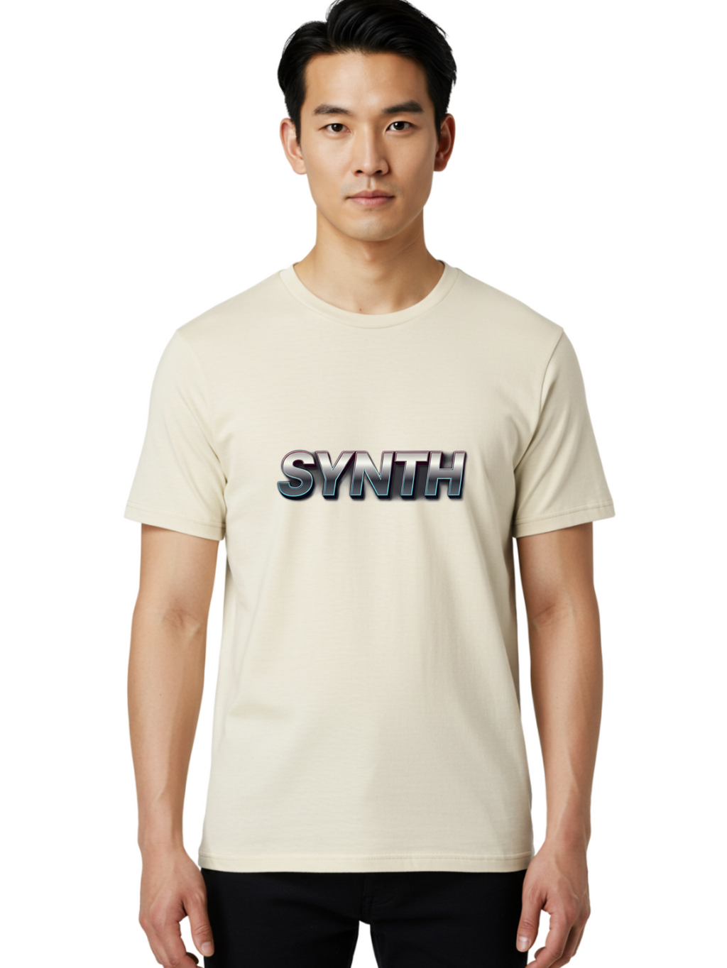 Synth Men'S Graphic Tee, 100% Cotton, Comfortable Casual Summer Wear, Machine Washable, Synth, Silver Text, Bold Font, Chrome Effect, Metallic Sheen, Futuristic Design, Modern Typography, Tech-Inspired Graphic Bab483