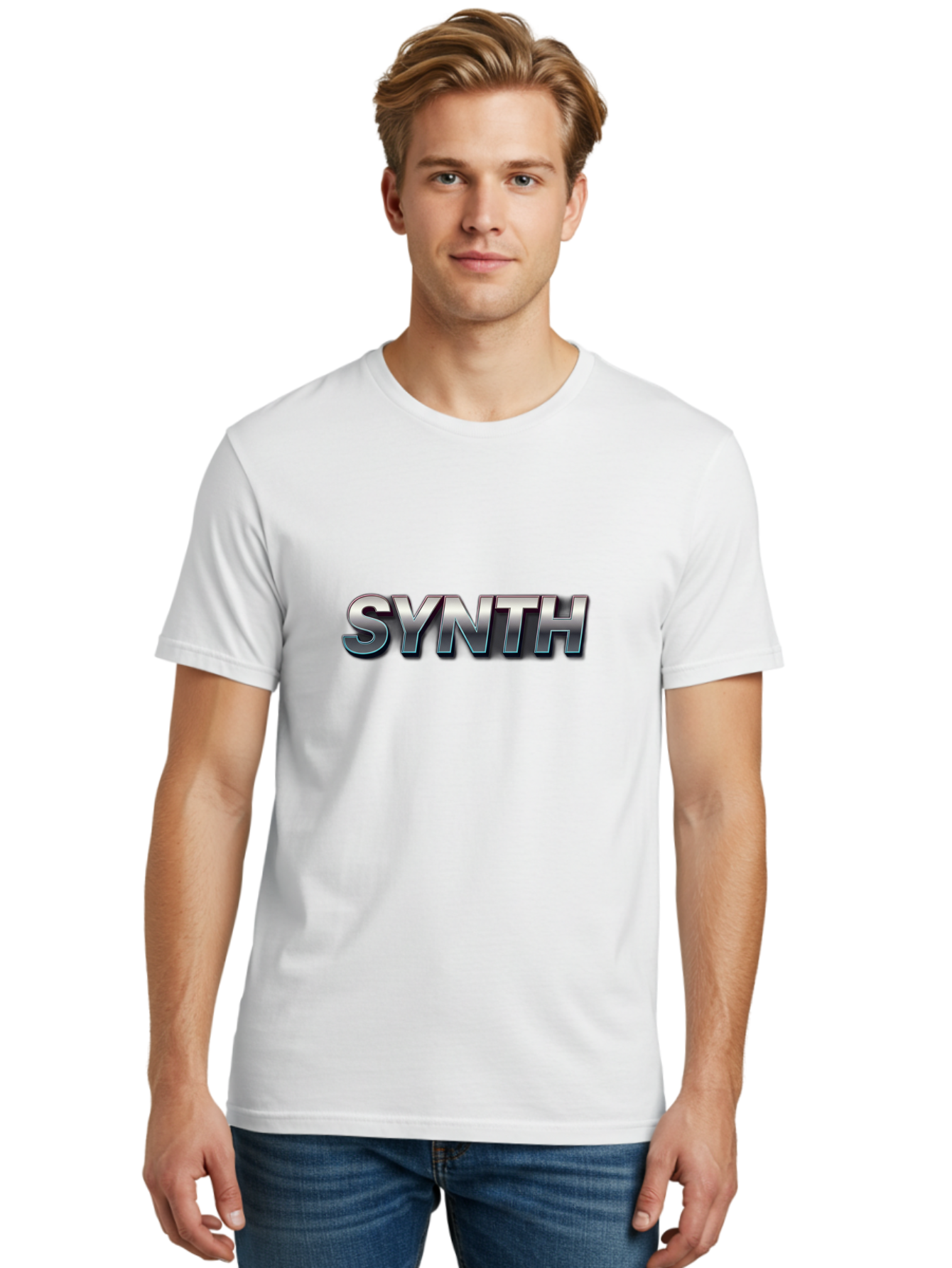 Synth Men'S Graphic Tee, 100% Cotton, Comfortable Casual Summer Wear, Machine Washable, Synth, Silver Text, Bold Font, Chrome Effect, Metallic Sheen, Futuristic Design, Modern Typography, Tech-Inspired Graphic Bab483