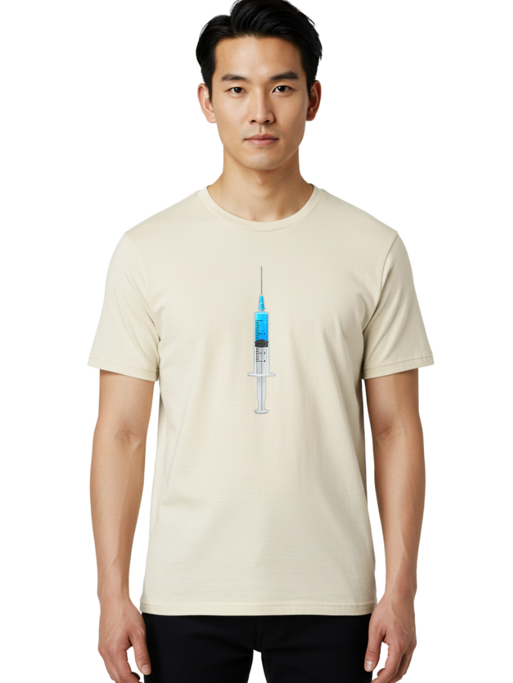 Syringe Men'S Graphic Tee, 100% Cotton, Comfortable Casual Summer Wear, Machine Washable, Medical Syringe, Vaccine Administration, Healthcare, Medical Equipment, Injection, Blue Liquid, Clear Barrel, Measurement Markings Bab485