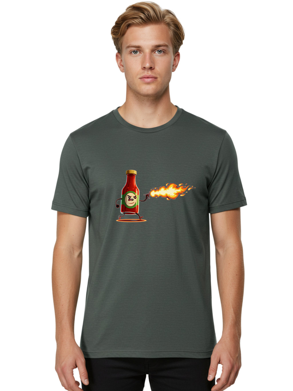 Tabasco Men'S Graphic Tee, 100% Cotton, Comfortable Casual Summer Wear, Machine Washable, Tabasco Sauce Bottle Character, Fiery Personality, Cartoon Style, Hot Sauce, Spicy Food, Humorous Illustration, Condiment, Animated Bottle Bab486