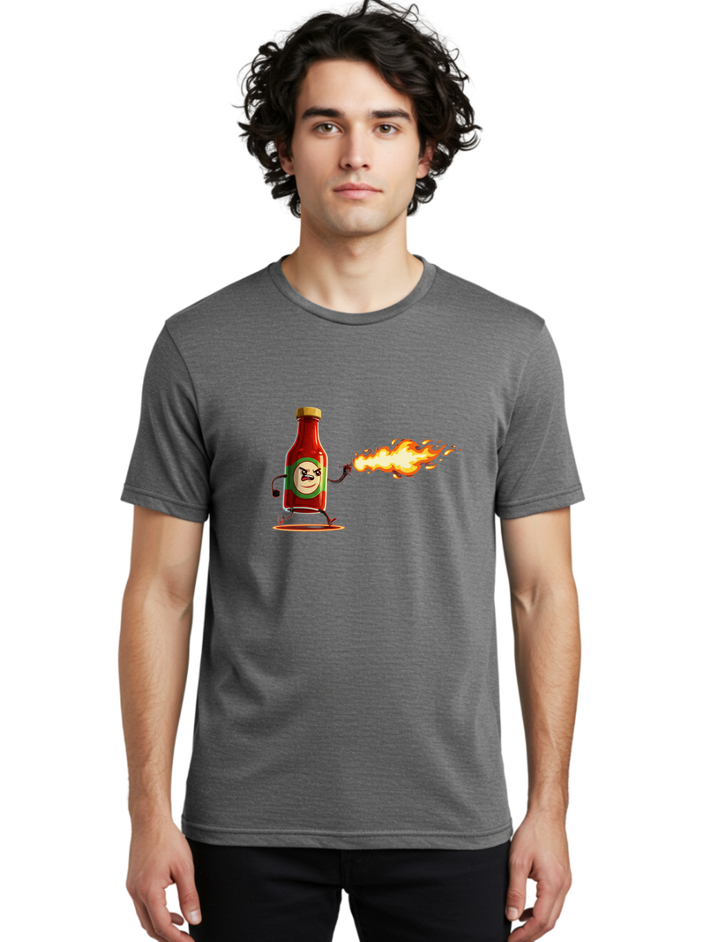 Tabasco Men'S Graphic Tee, 100% Cotton, Comfortable Casual Summer Wear, Machine Washable, Tabasco Sauce Bottle Character, Fiery Personality, Cartoon Style, Hot Sauce, Spicy Food, Humorous Illustration, Condiment, Animated Bottle Bab486