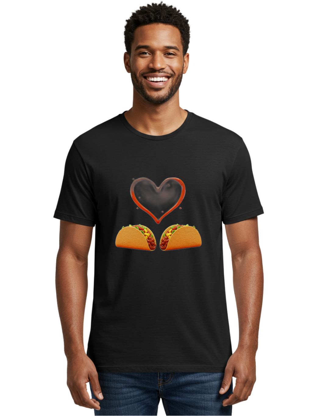Tacos-And-Heart Men'S Graphic Tee, 100% Cotton, Comfortable Casual Summer Wear, Machine Washable, Tacos With Meat, Corn, Salsa, Love Heart, Red Outline, Delicious Food, Mexican Cuisine, Tasty Treats, Vibrant Colors, Savory Dishes Bab487