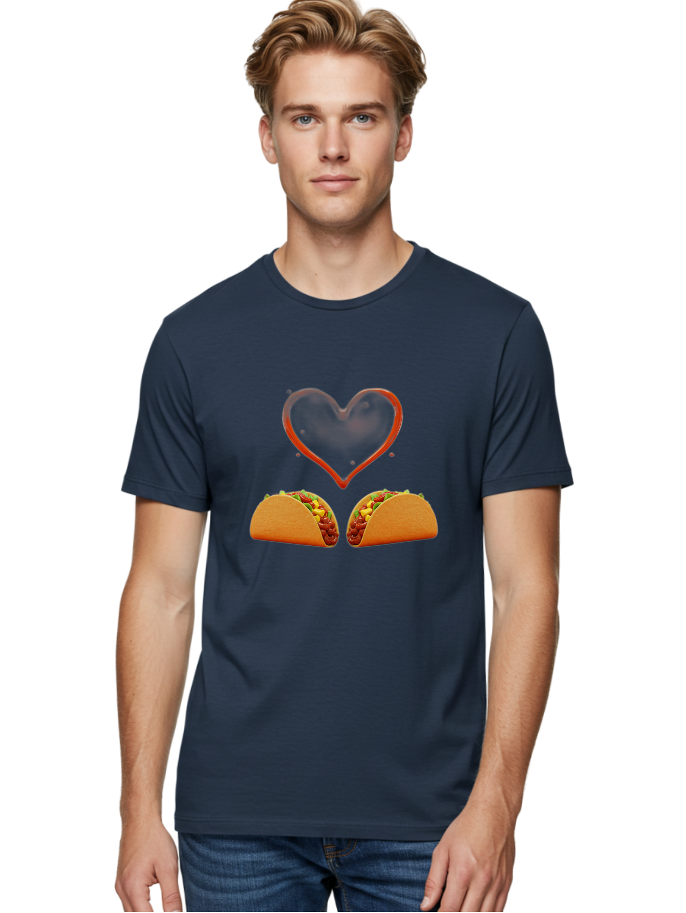 Tacos-And-Heart Men'S Graphic Tee, 100% Cotton, Comfortable Casual Summer Wear, Machine Washable, Tacos With Meat, Corn, Salsa, Love Heart, Red Outline, Delicious Food, Mexican Cuisine, Tasty Treats, Vibrant Colors, Savory Dishes Bab487