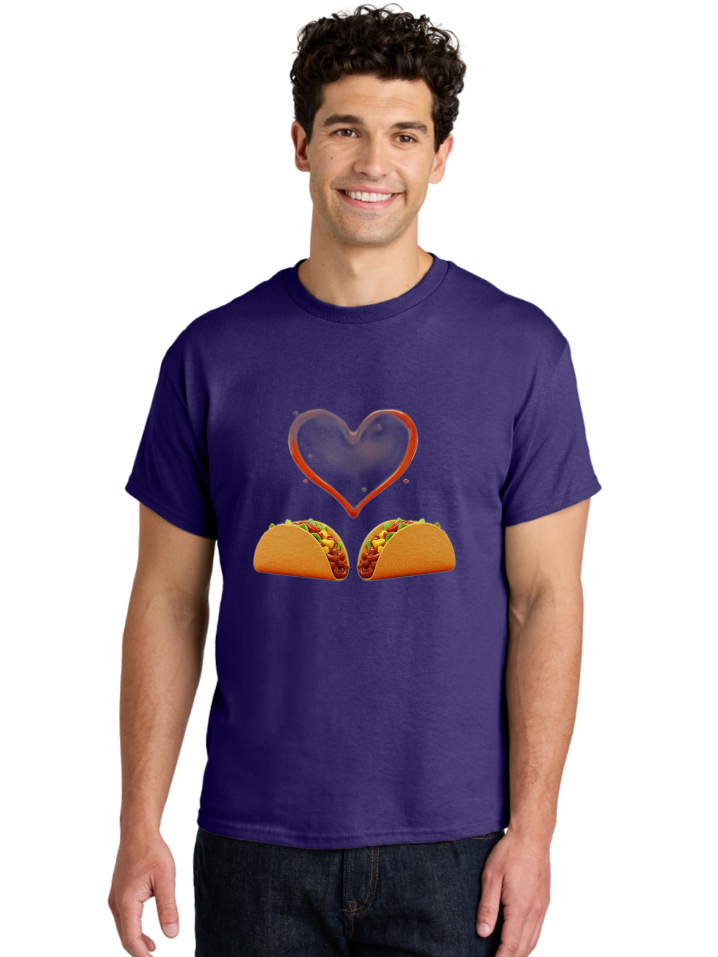 Tacos-And-Heart Men'S Graphic Tee, 100% Cotton, Comfortable Casual Summer Wear, Machine Washable, Tacos With Meat, Corn, Salsa, Love Heart, Red Outline, Delicious Food, Mexican Cuisine, Tasty Treats, Vibrant Colors, Savory Dishes Bab487