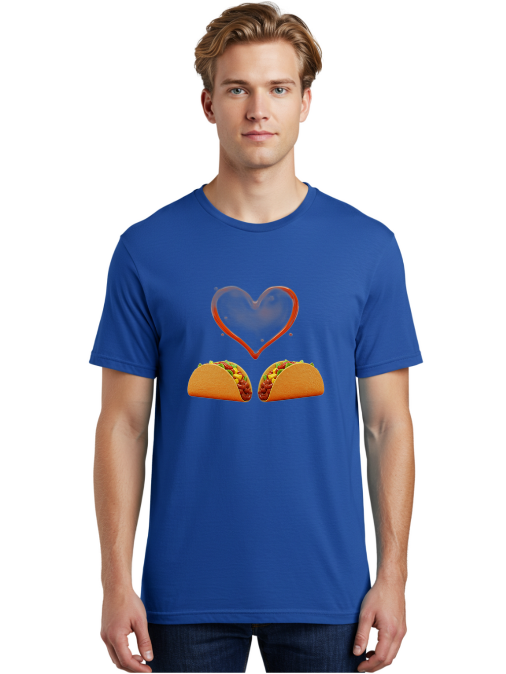 Tacos-And-Heart Men'S Graphic Tee, 100% Cotton, Comfortable Casual Summer Wear, Machine Washable, Tacos With Meat, Corn, Salsa, Love Heart, Red Outline, Delicious Food, Mexican Cuisine, Tasty Treats, Vibrant Colors, Savory Dishes Bab487