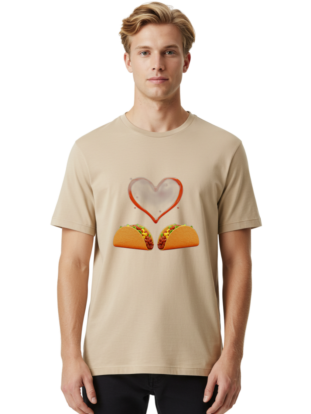 Tacos-And-Heart Men'S Graphic Tee, 100% Cotton, Comfortable Casual Summer Wear, Machine Washable, Tacos With Meat, Corn, Salsa, Love Heart, Red Outline, Delicious Food, Mexican Cuisine, Tasty Treats, Vibrant Colors, Savory Dishes Bab487