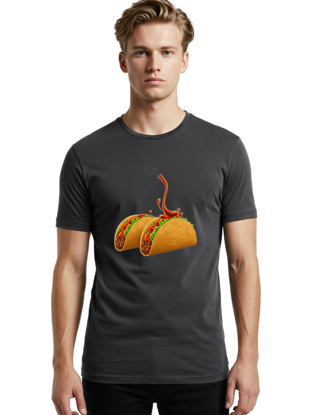 Tacos-With-Hot-Sauce Men'S Graphic Tee, 100% Cotton, Comfortable Casual Summer Wear, Machine Washable, Tacos With Lettuce, Salsa Splashing, Mexican Food, Fast Food, Taco Graphics, Vibrant Red Sauce, Crunchy Tacos, Fresh Lettuce, Salsa Splash Bab488