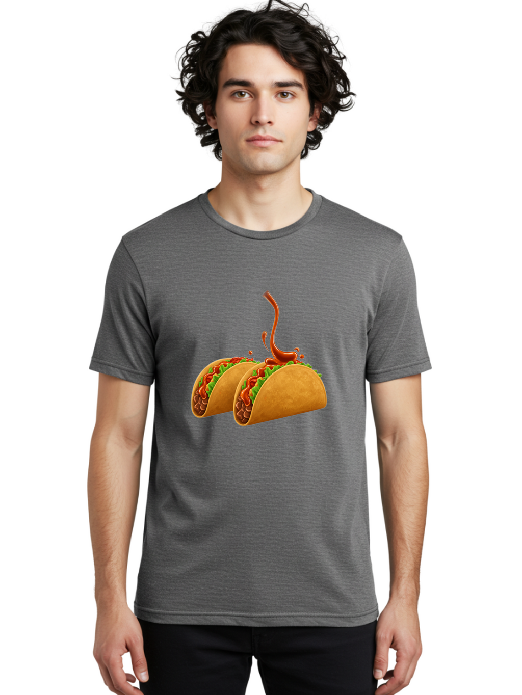 Tacos-With-Hot-Sauce Men'S Graphic Tee, 100% Cotton, Comfortable Casual Summer Wear, Machine Washable, Tacos With Lettuce, Salsa Splashing, Mexican Food, Fast Food, Taco Graphics, Vibrant Red Sauce, Crunchy Tacos, Fresh Lettuce, Salsa Splash Bab488