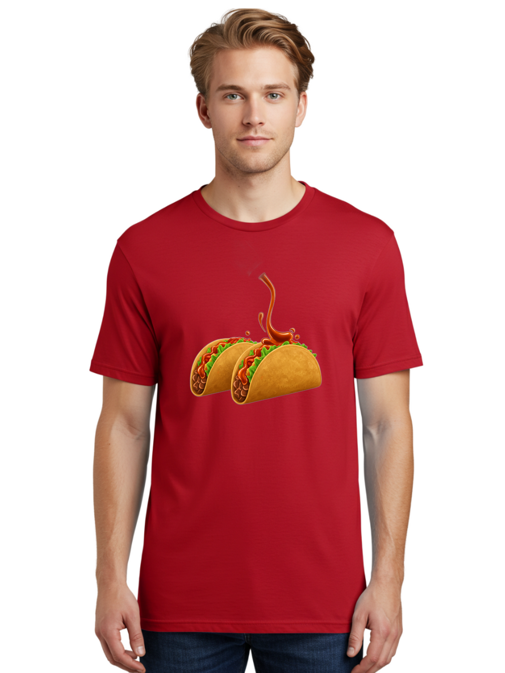 Tacos-With-Hot-Sauce Men'S Graphic Tee, 100% Cotton, Comfortable Casual Summer Wear, Machine Washable, Tacos With Lettuce, Salsa Splashing, Mexican Food, Fast Food, Taco Graphics, Vibrant Red Sauce, Crunchy Tacos, Fresh Lettuce, Salsa Splash Bab488