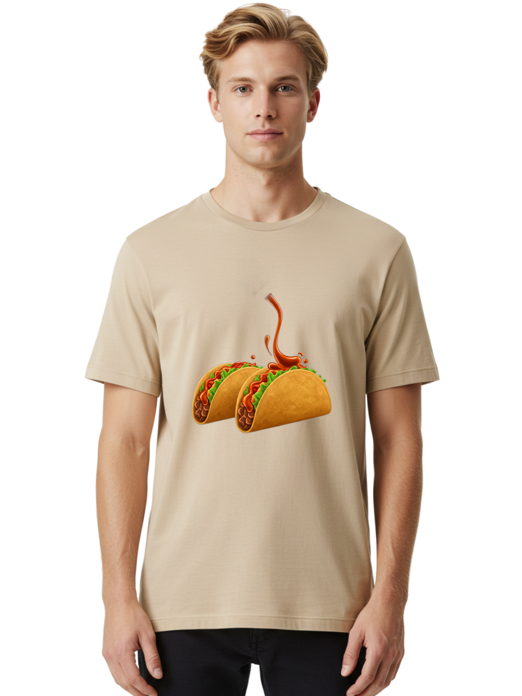 Tacos-With-Hot-Sauce Men'S Graphic Tee, 100% Cotton, Comfortable Casual Summer Wear, Machine Washable, Tacos With Lettuce, Salsa Splashing, Mexican Food, Fast Food, Taco Graphics, Vibrant Red Sauce, Crunchy Tacos, Fresh Lettuce, Salsa Splash Bab488