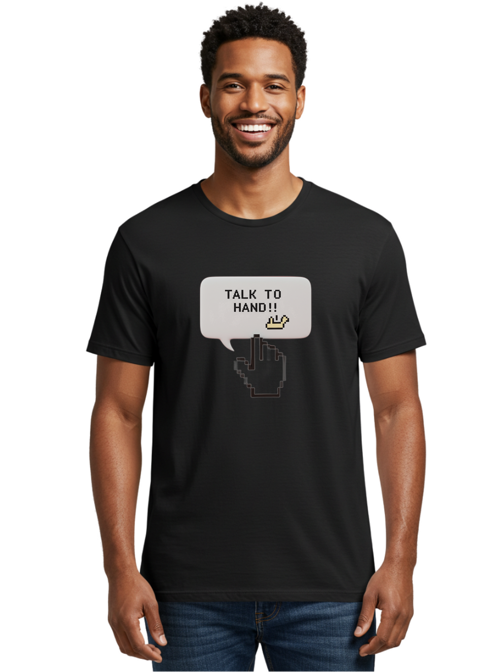 Talk-To-Hand Men'S Graphic Tee, 100% Cotton, Comfortable Casual Summer Wear, Machine Washable, Talk To Hand, Pixel Art, Greeting Card, Waving Hand, User Interface, Retro Style, Chat Bubble, Hand Icon, Hand Gesture, 90S Nostalgia Bab489