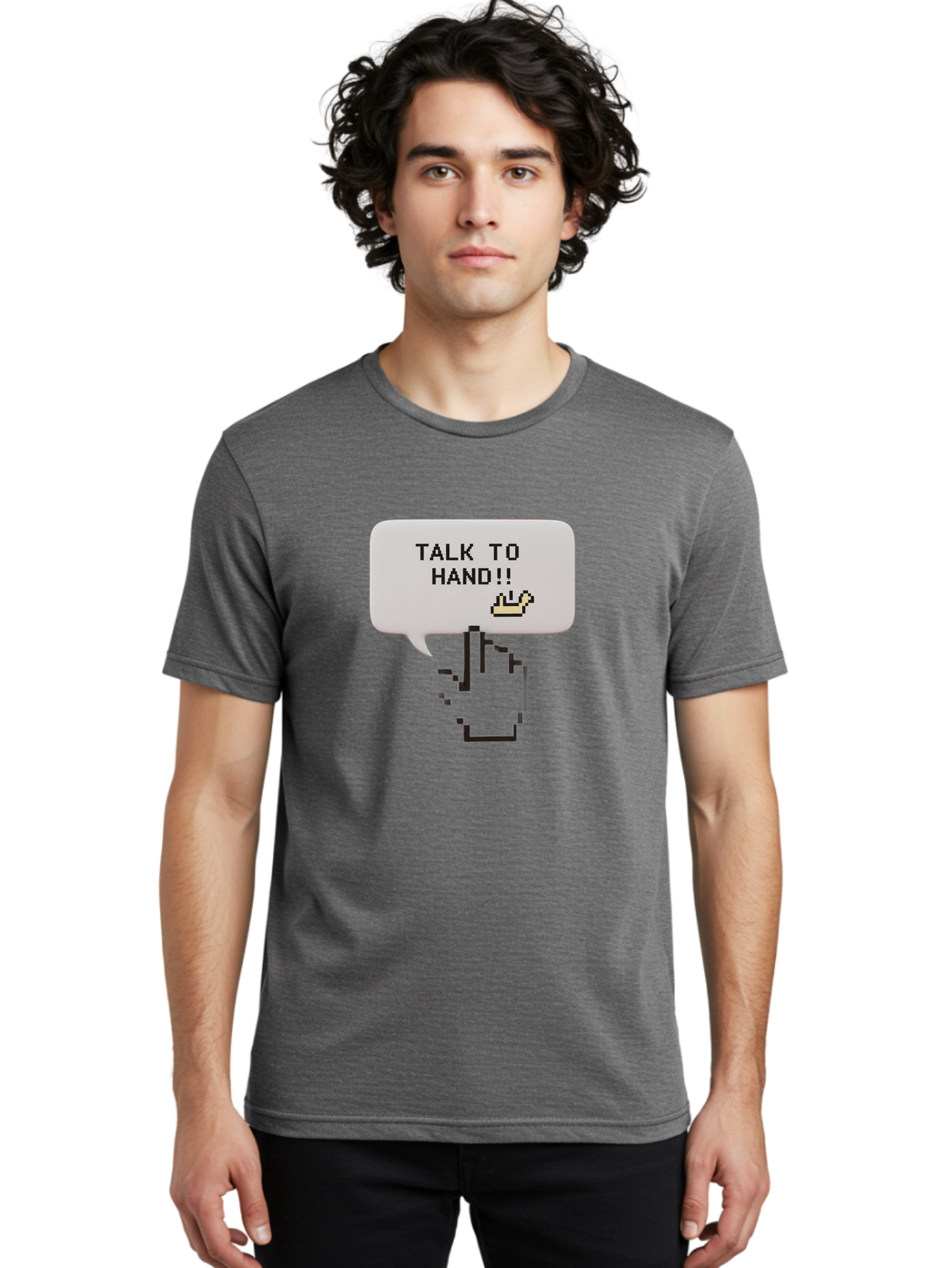 Talk-To-Hand Men'S Graphic Tee, 100% Cotton, Comfortable Casual Summer Wear, Machine Washable, Talk To Hand, Pixel Art, Greeting Card, Waving Hand, User Interface, Retro Style, Chat Bubble, Hand Icon, Hand Gesture, 90S Nostalgia Bab489