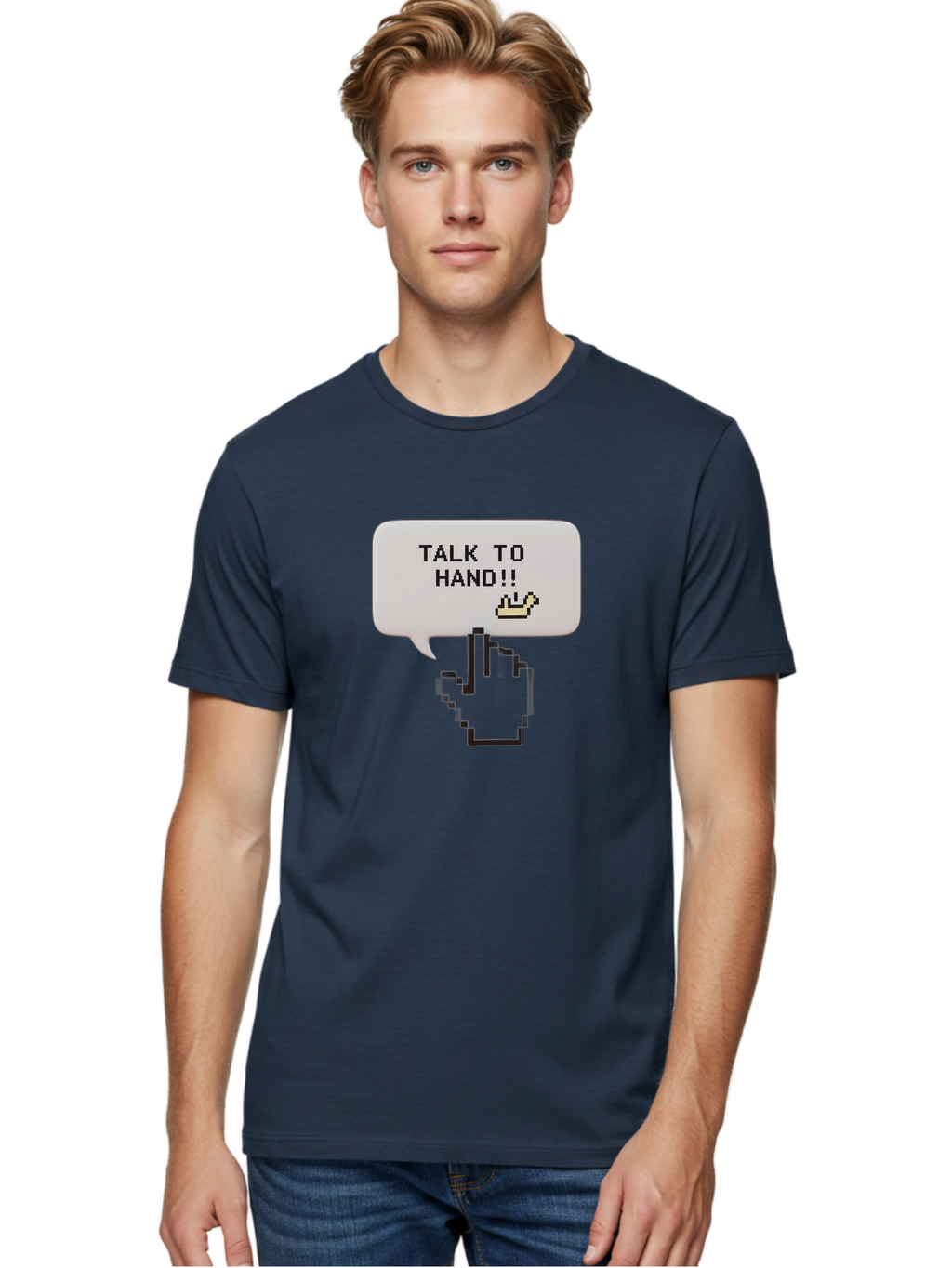 Talk-To-Hand Men'S Graphic Tee, 100% Cotton, Comfortable Casual Summer Wear, Machine Washable, Talk To Hand, Pixel Art, Greeting Card, Waving Hand, User Interface, Retro Style, Chat Bubble, Hand Icon, Hand Gesture, 90S Nostalgia Bab489