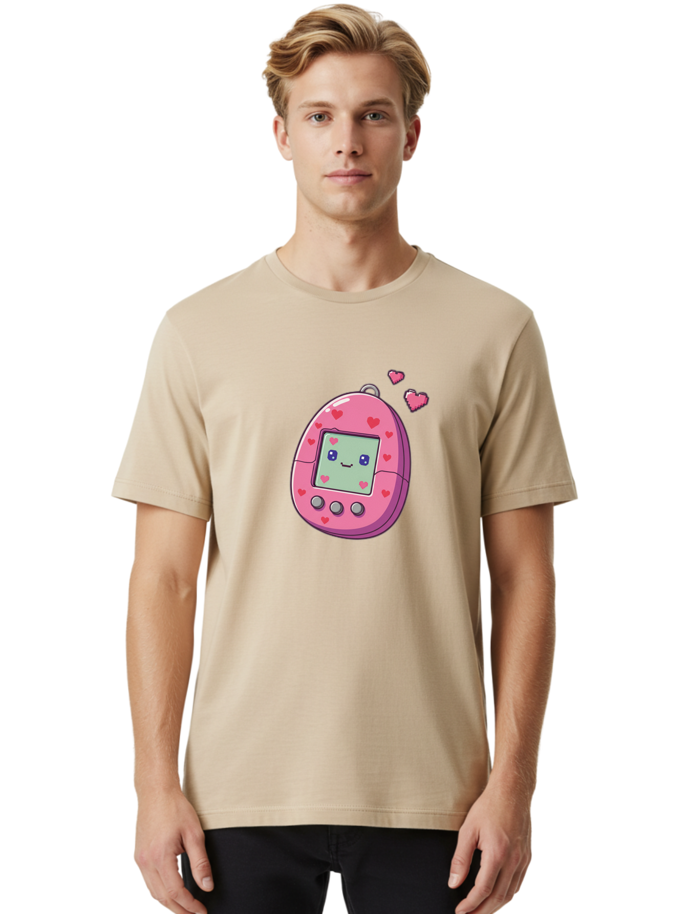 Tamagotchi-1 Men'S Graphic Tee, 100% Cotton, Comfortable Casual Summer Wear, Machine Washable, Pink Digital Pet, Heart Designs, Cute Character, Cartoon Style, Nostalgic Toy, Retro Gaming, 90S Kids, Digital Creature Bab490
