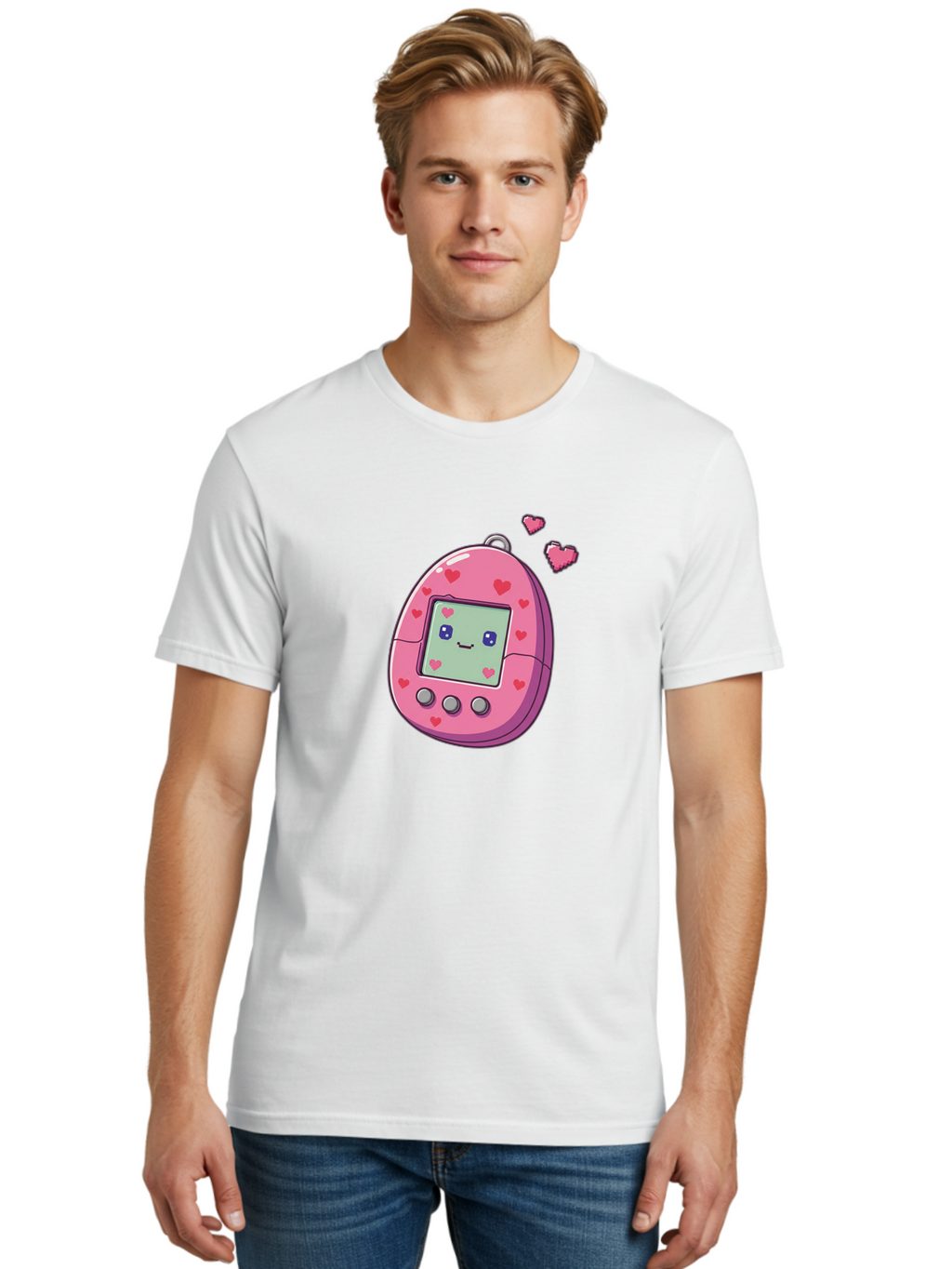 Tamagotchi-1 Men'S Graphic Tee, 100% Cotton, Comfortable Casual Summer Wear, Machine Washable, Pink Digital Pet, Heart Designs, Cute Character, Cartoon Style, Nostalgic Toy, Retro Gaming, 90S Kids, Digital Creature Bab490