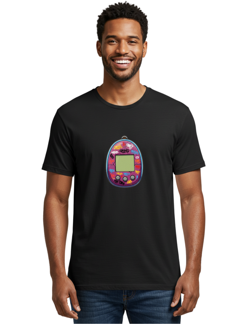 Tamagotchi-10 Men'S Graphic Tee, 100% Cotton, Comfortable Casual Summer Wear, Machine Washable, Graffiti Covered Digital Pet, Retro Handheld Game, Nostalgic 90S Toy, Tamagotchi Toy, Digital Creature, Nostalgic Tech, Childhood Memories, Bab491