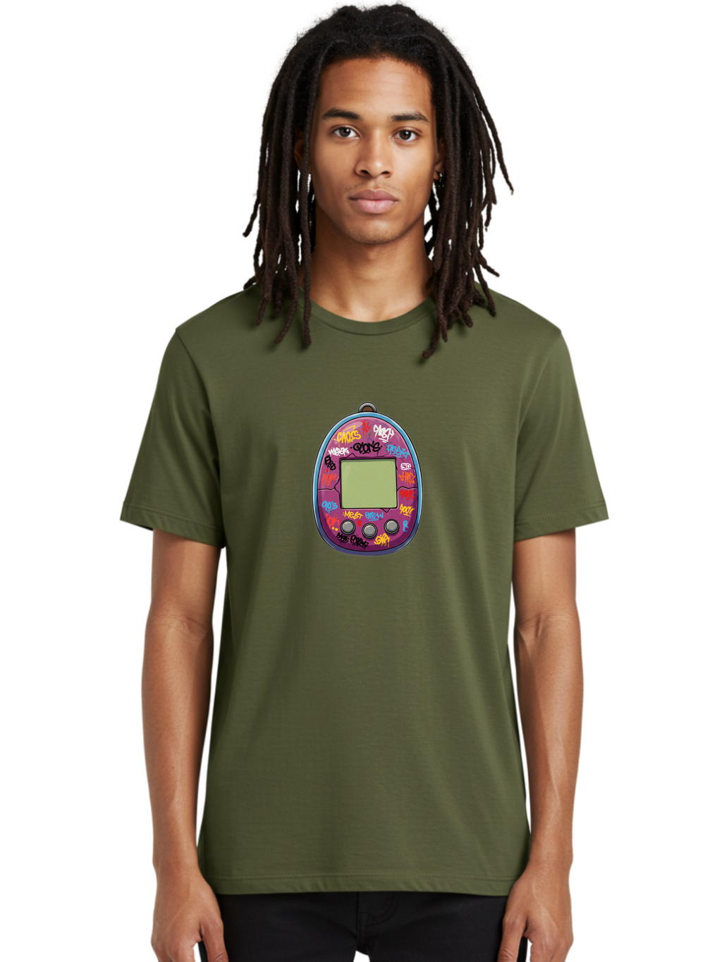 Tamagotchi-10 Men'S Graphic Tee, 100% Cotton, Comfortable Casual Summer Wear, Machine Washable, Graffiti Covered Digital Pet, Retro Handheld Game, Nostalgic 90S Toy, Tamagotchi Toy, Digital Creature, Nostalgic Tech, Childhood Memories, Bab491