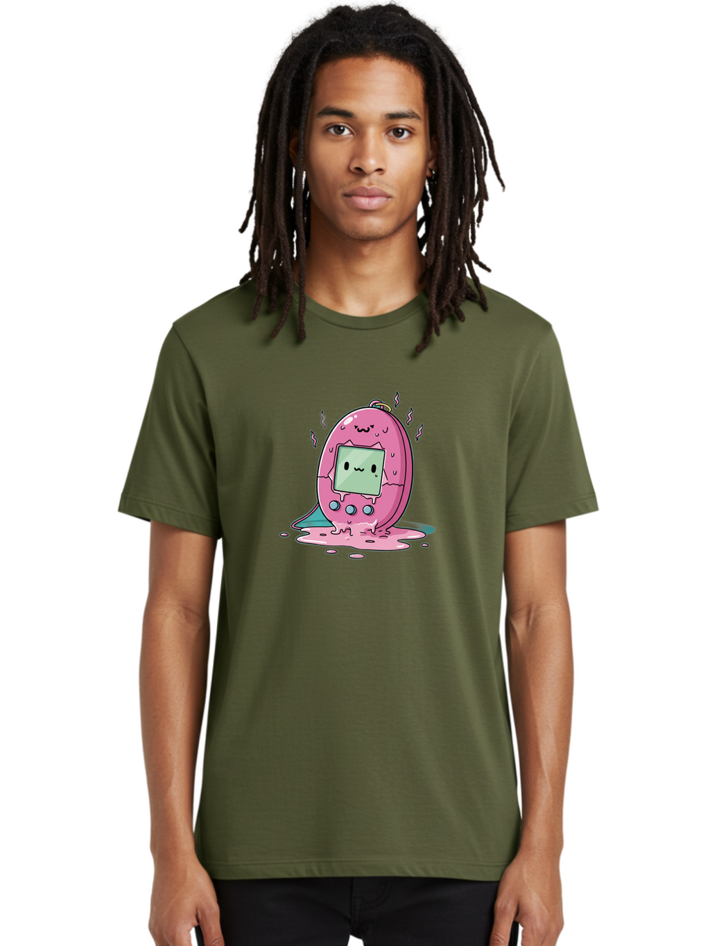 Tamagotchi-11 Men'S Graphic Tee, 100% Cotton, Comfortable Casual Summer Wear, Machine Washable, Pink Digital Pet, Broken Screen, Sad Face, Melting Toy, Nostalgic 90S, Retro Gaming, Cartoon Style, Kawaii Aesthetic Bab492