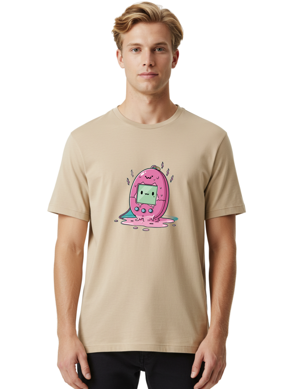 Tamagotchi-11 Men'S Graphic Tee, 100% Cotton, Comfortable Casual Summer Wear, Machine Washable, Pink Digital Pet, Broken Screen, Sad Face, Melting Toy, Nostalgic 90S, Retro Gaming, Cartoon Style, Kawaii Aesthetic Bab492