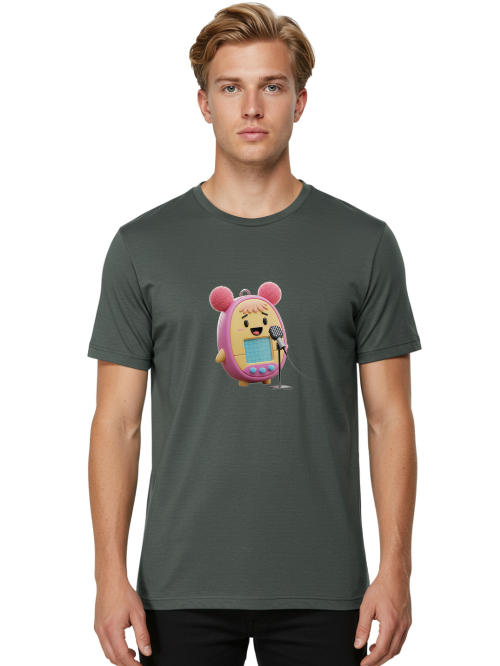 Tamagotchi-12 Men'S Graphic Tee, 100% Cotton, Comfortable Casual Summer Wear, Machine Washable, Tamagotchi Character, Singing Into Microphone, Cute Digital Pet, Pop Culture Icon, Retro Toy, Fun And Playful, Kawaii Character, Singing With Joy Bab493