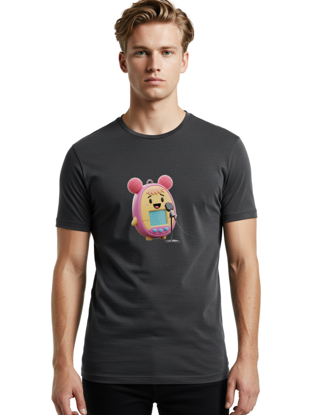 Tamagotchi-12 Men'S Graphic Tee, 100% Cotton, Comfortable Casual Summer Wear, Machine Washable, Tamagotchi Character, Singing Into Microphone, Cute Digital Pet, Pop Culture Icon, Retro Toy, Fun And Playful, Kawaii Character, Singing With Joy Bab493