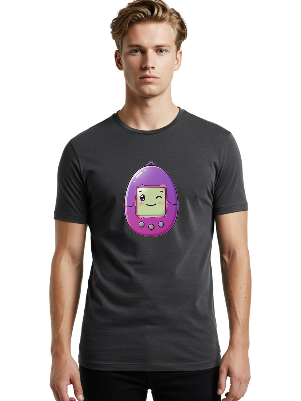 Tamagotchi-2 Men'S Graphic Tee, 100% Cotton, Comfortable Casual Summer Wear, Machine Washable, Digital Pet, Cartoon Character, Kawaii Culture, Retro Gaming, Nostalgic Toy, Egg-Shaped Device, Purple And Pink, Cute Design, 90S Nostalgia, Bab496