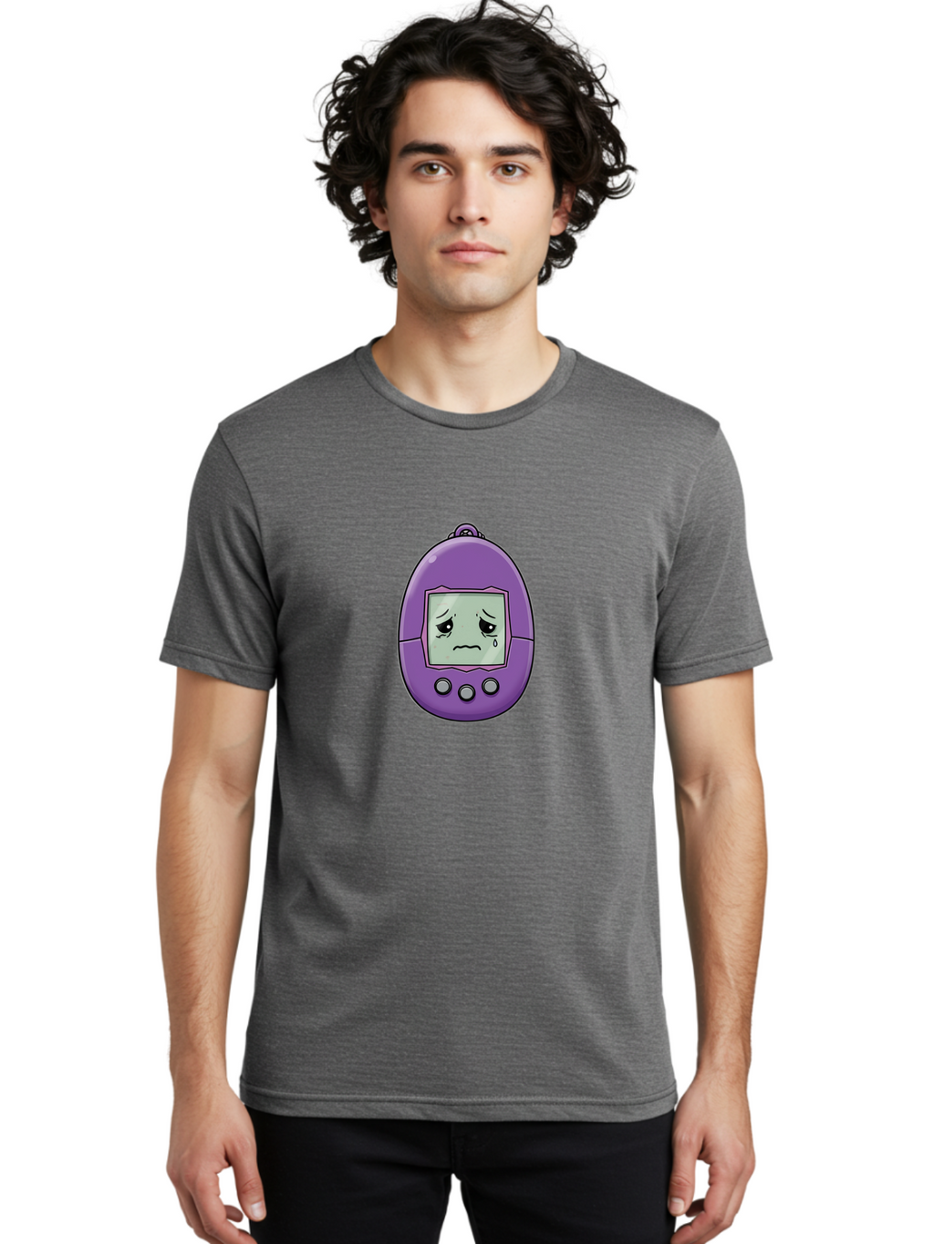 Tamagotchi-3 Men'S Graphic Tee, 100% Cotton, Comfortable Casual Summer Wear, Machine Washable, Purple Digital Pet, Sad Face, Crying Tamagotchi, Retro Toy, Nostalgic Tech, Digital Creature, Sad Expression, Vintage Gadget Bab497