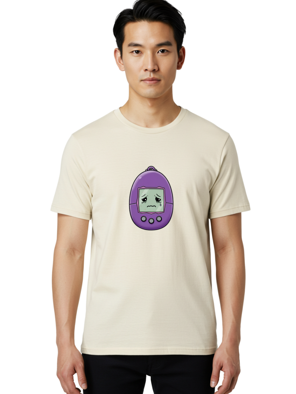 Tamagotchi-3 Men'S Graphic Tee, 100% Cotton, Comfortable Casual Summer Wear, Machine Washable, Purple Digital Pet, Sad Face, Crying Tamagotchi, Retro Toy, Nostalgic Tech, Digital Creature, Sad Expression, Vintage Gadget Bab497