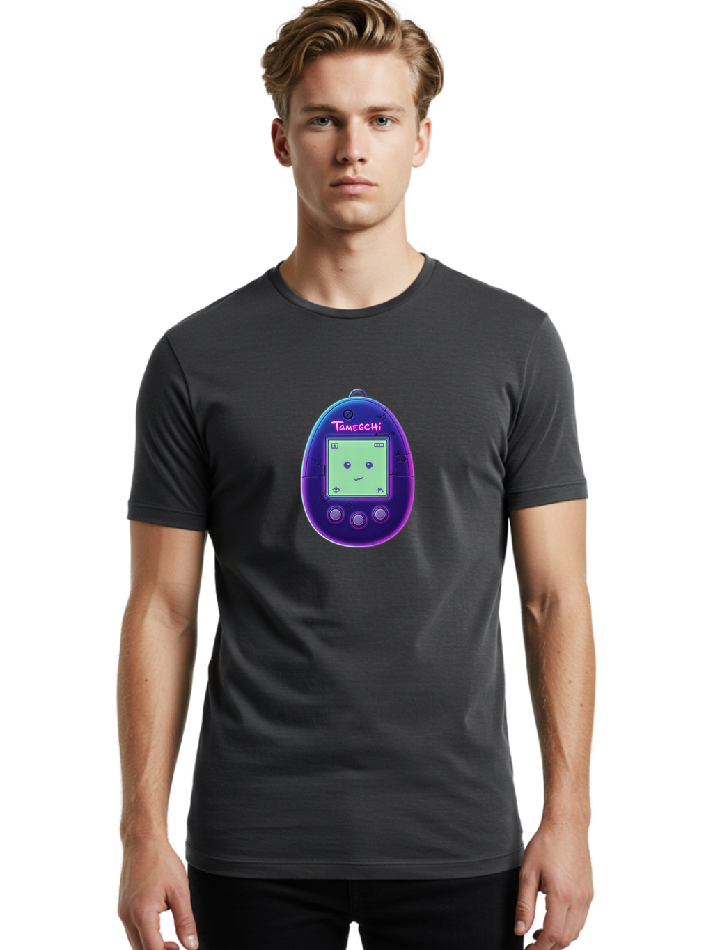 Tamagotchi-4 Men'S Graphic Tee, 100% Cotton, Comfortable Casual Summer Wear, Machine Washable, Retro Digital Pet, Handheld Game, Nostalgic Tech, Purple Egg-Shaped Device, Cute Character, Gaming Nostalgia, 90S Kids, Retro Gaming Culture Bab498