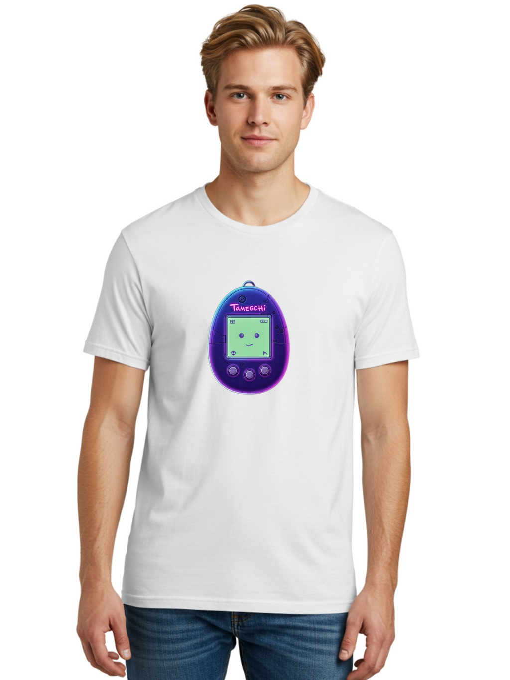 Tamagotchi-4 Men'S Graphic Tee, 100% Cotton, Comfortable Casual Summer Wear, Machine Washable, Retro Digital Pet, Handheld Game, Nostalgic Tech, Purple Egg-Shaped Device, Cute Character, Gaming Nostalgia, 90S Kids, Retro Gaming Culture Bab498